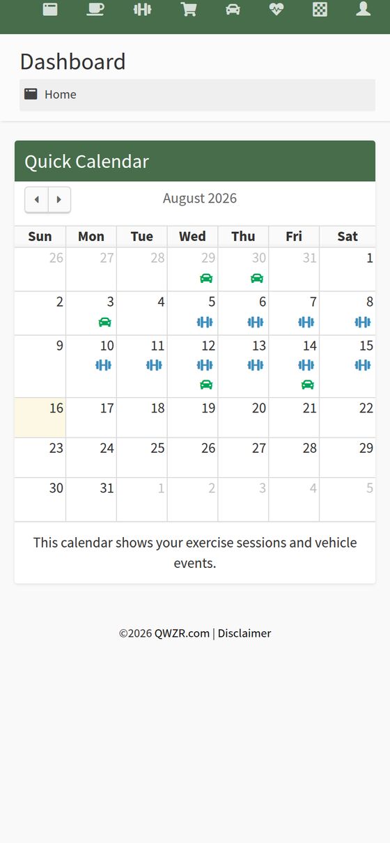 The QWZR dashboard calendar showing logged exercise sessions and vehicle events