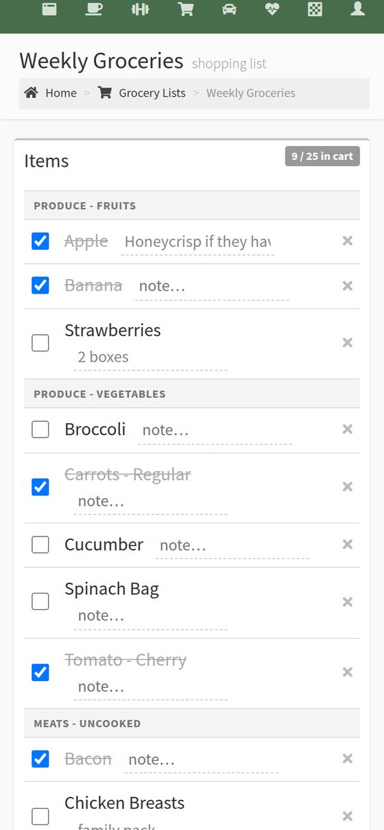 A QWZR grocery list grouped by aisle, with items checked off into the cart
