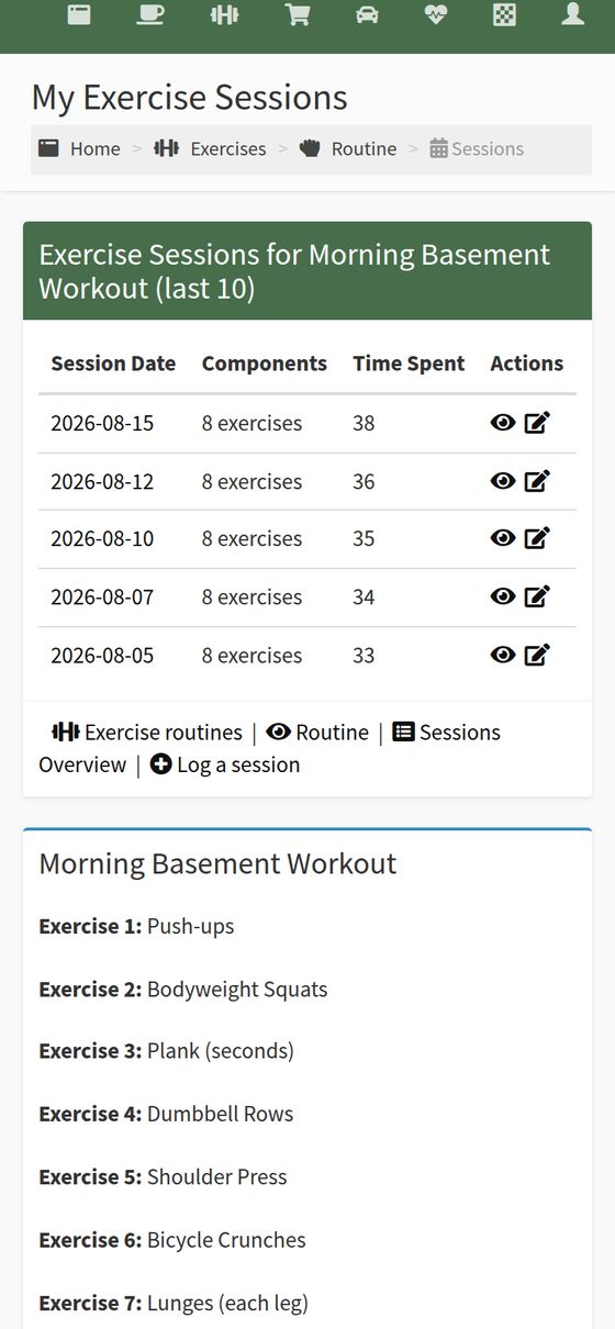 A QWZR exercise routine with its logged sessions