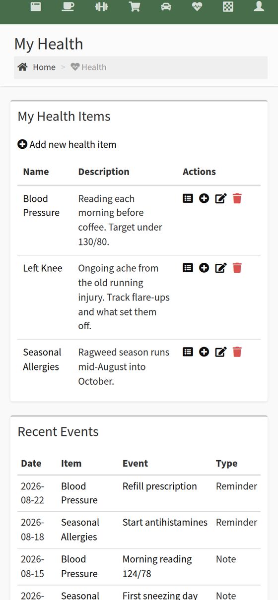 QWZR health items with a log of notes, alerts and reminders